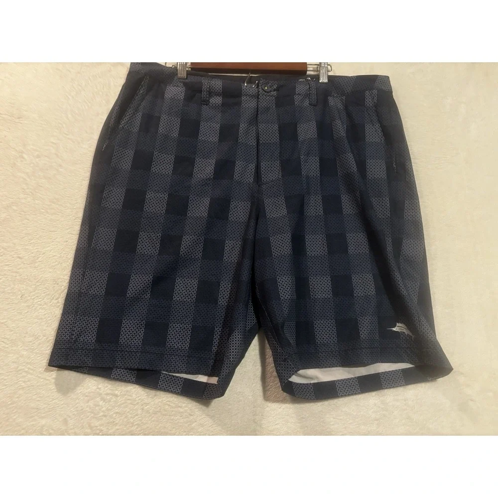 Tommy Bahama Shorts Men's 38 Plaid Tech Flat Front Board Style Blue Plaid